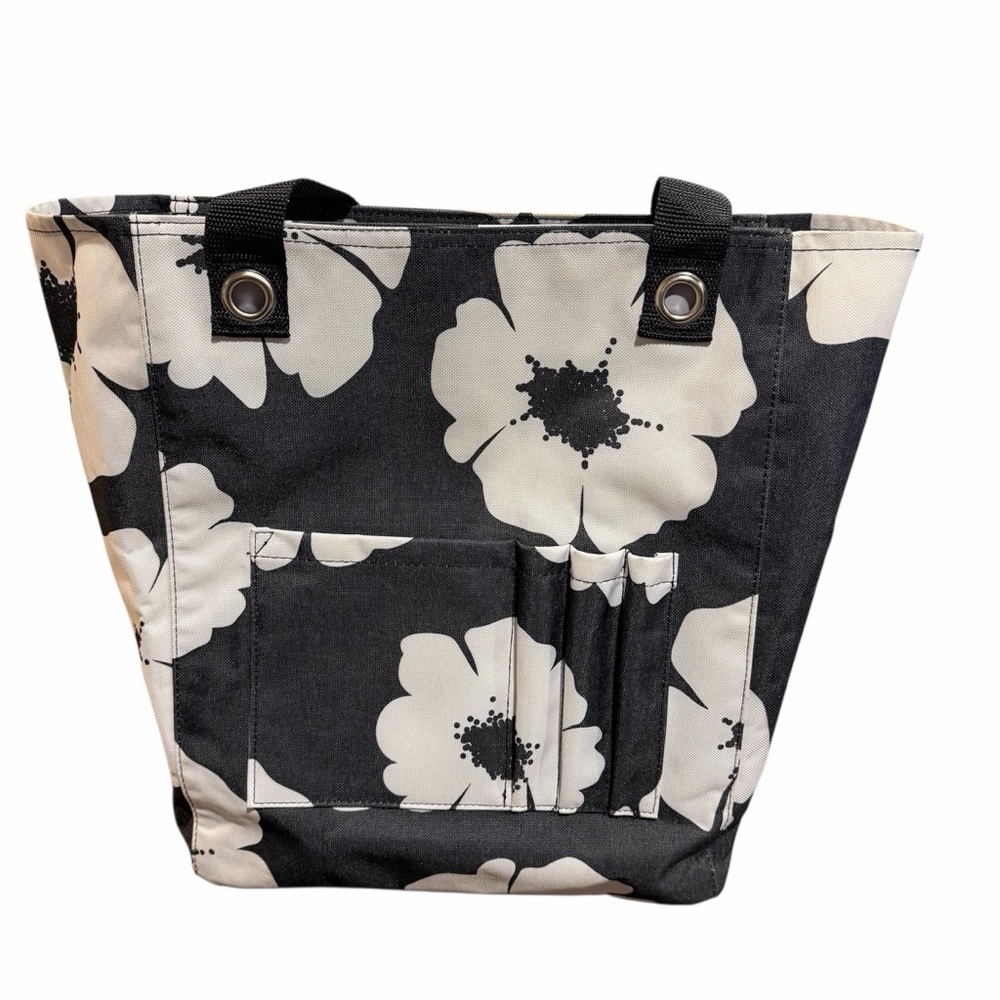 Thirty-One Black and White Poppy Floral Print Tall Organizing Tote - Picture 2 of 9
